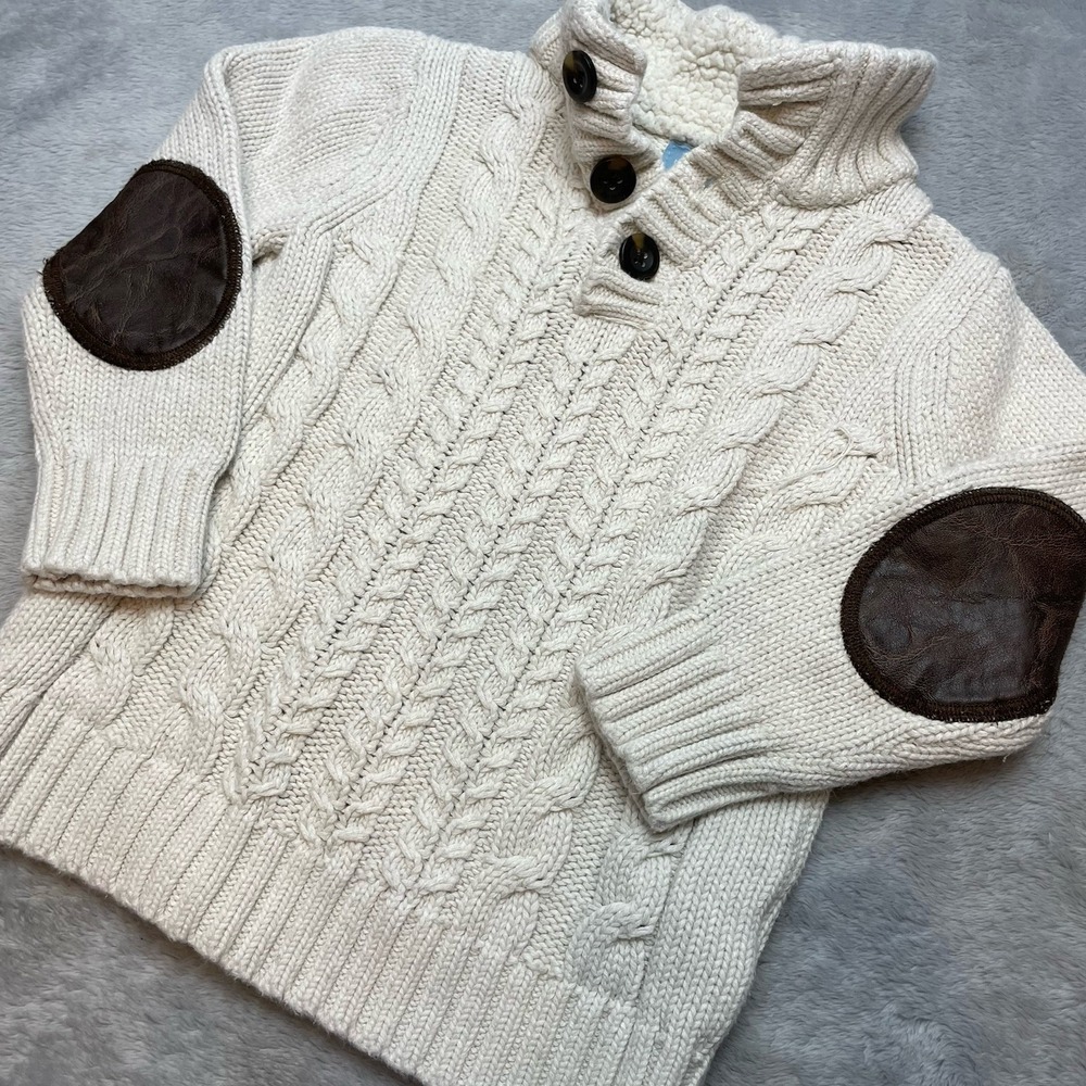 babyGap Cable Knit Fisherman Sweater Sz‎ 4 Yr Cream Sherpa Collar Elbow Patches